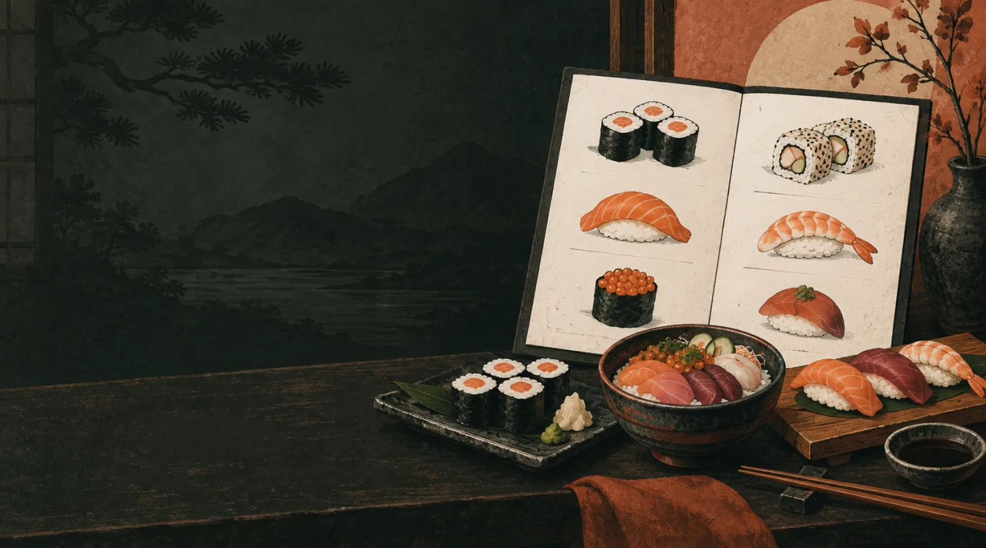 Illustration d’une carte ouverte sur des dessins de makis, californias et nigiris, devant un bol de chirashi, des makis et des nigiris sur une table sombre