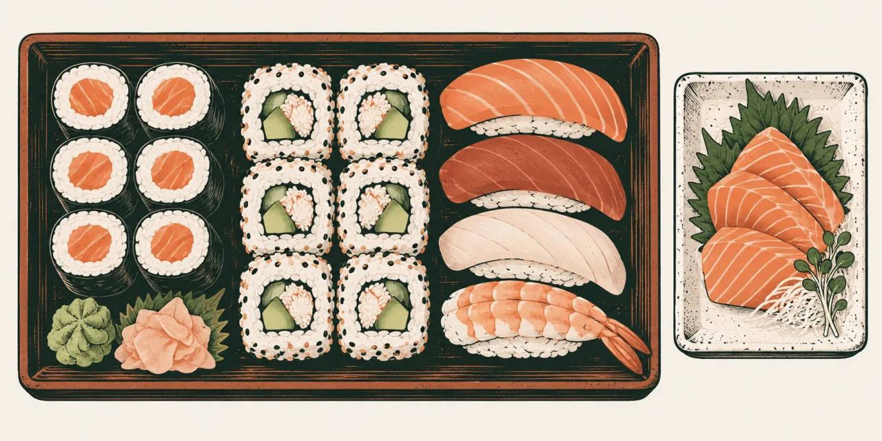 Illustration d’un plateau de makis, californias et nigiris, avec une assiette de sashimis à côté