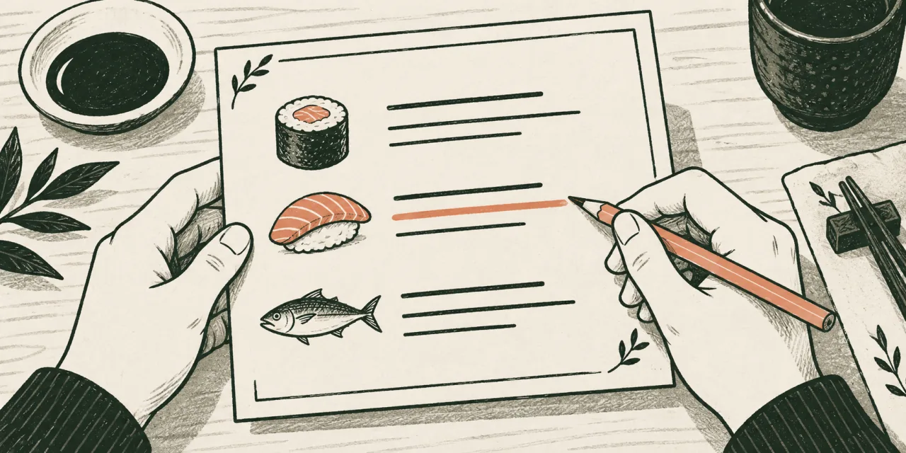 Illustration de mains qui annotent au crayon une carte de sushis