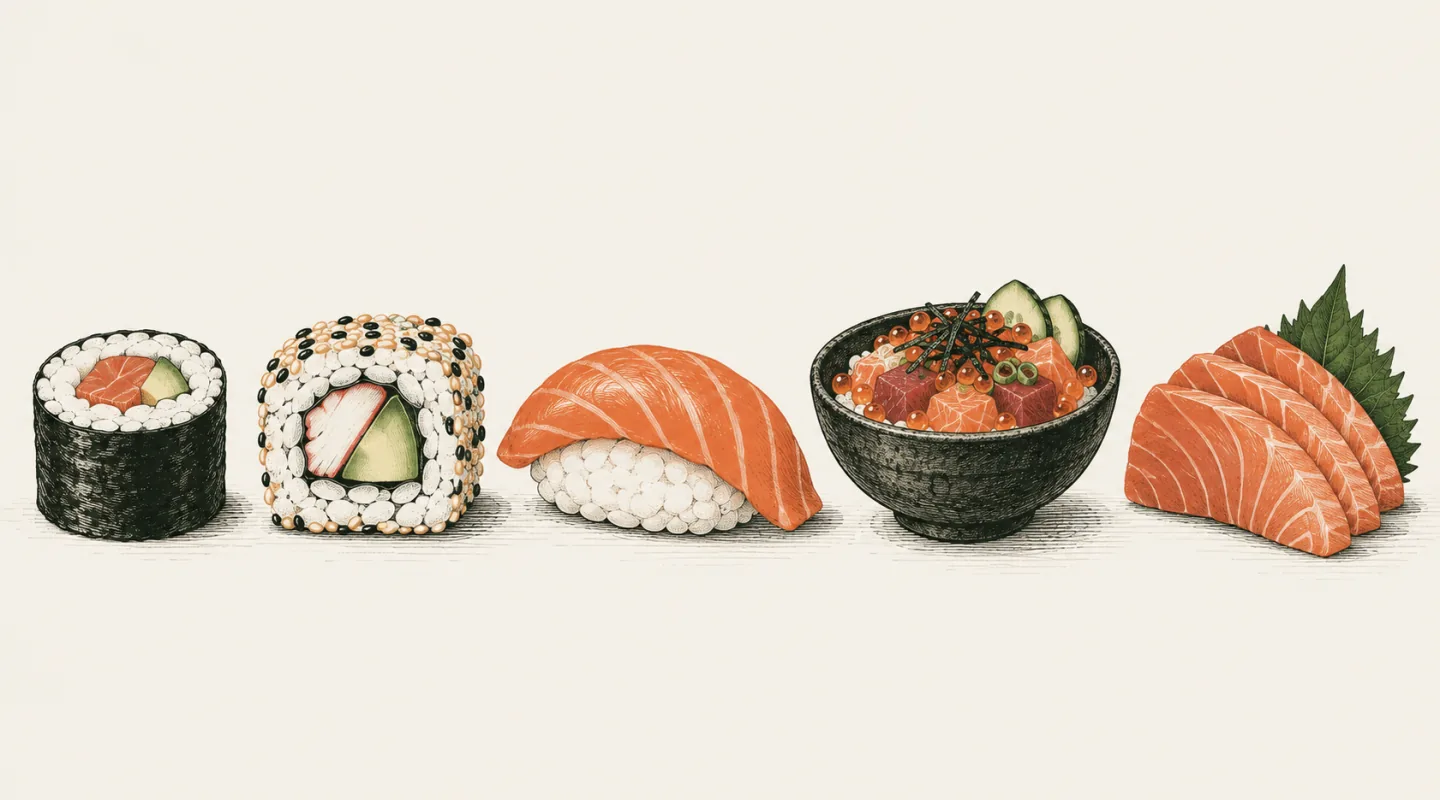 Illustration des cinq familles de pièces alignées : maki, california, nigiri, chirashi et sashimi