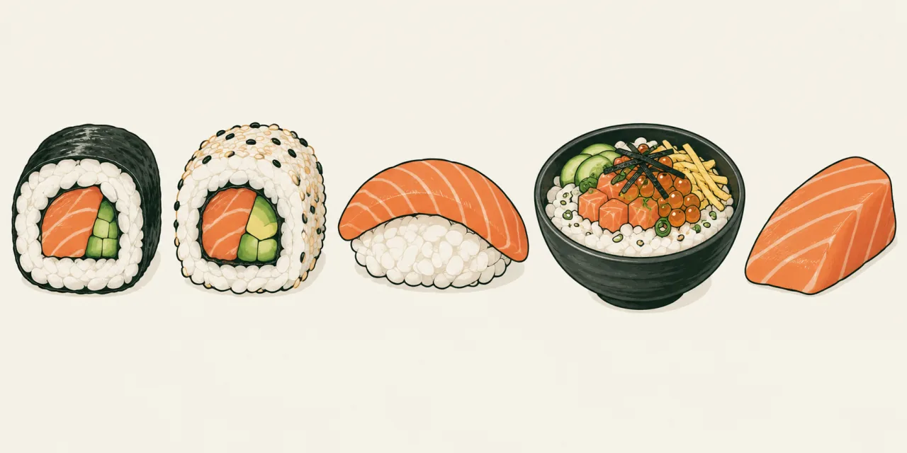 Illustration des montages : maki nori dehors, roll riz dehors, nigiri sur riz façonné, chirashi en bol et sashimi sans riz