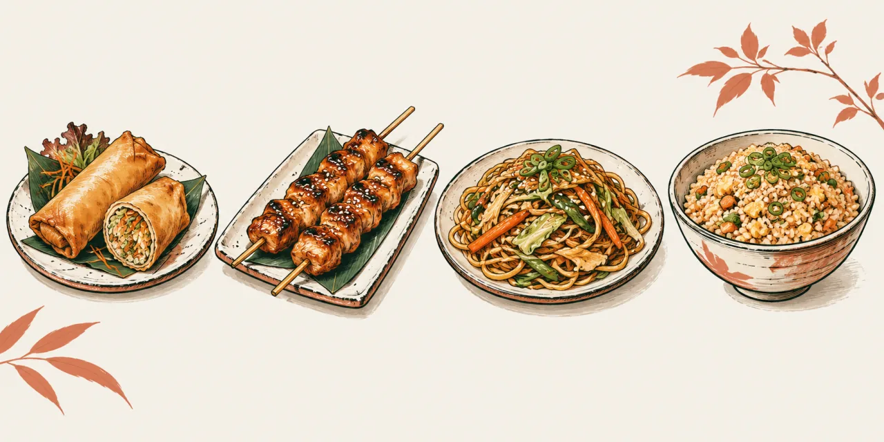 Illustration des accompagnements des cartes : nems, yakitoris, nouilles sautées et riz cantonais