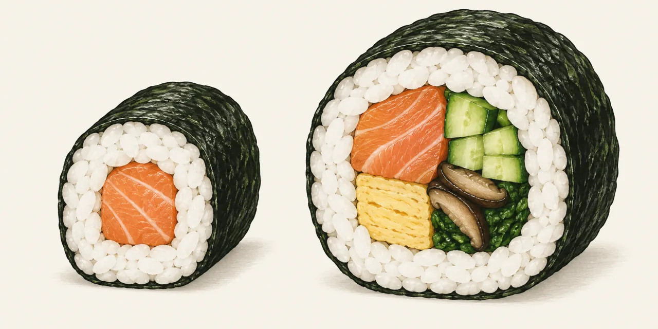 Illustration en coupe d’un hosomaki au saumon et d’un futomaki à plusieurs garnitures