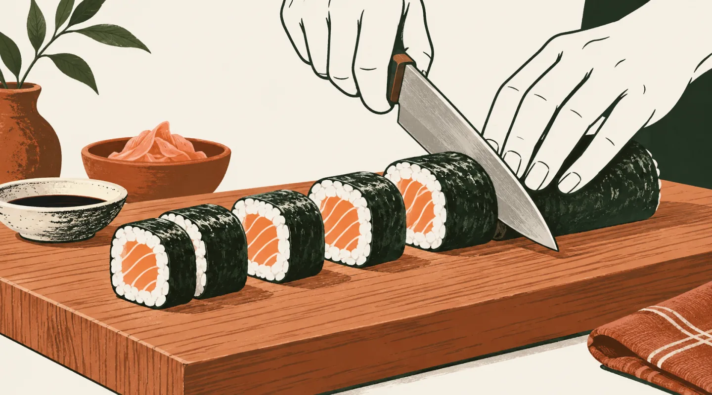 Illustration d’un rouleau de maki au saumon coupé en tronçons au couteau sur une planche
