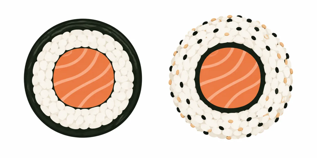 Illustration en coupe d’un maki, nori à l’extérieur, et d’un uramaki, riz et sésame à l’extérieur
