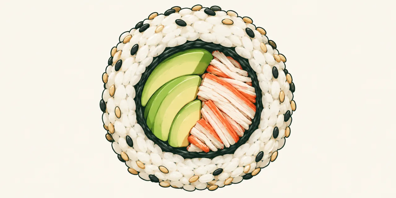 Illustration en coupe d’un california : riz et sésame à l’extérieur, nori à l’intérieur, avocat et surimi au centre