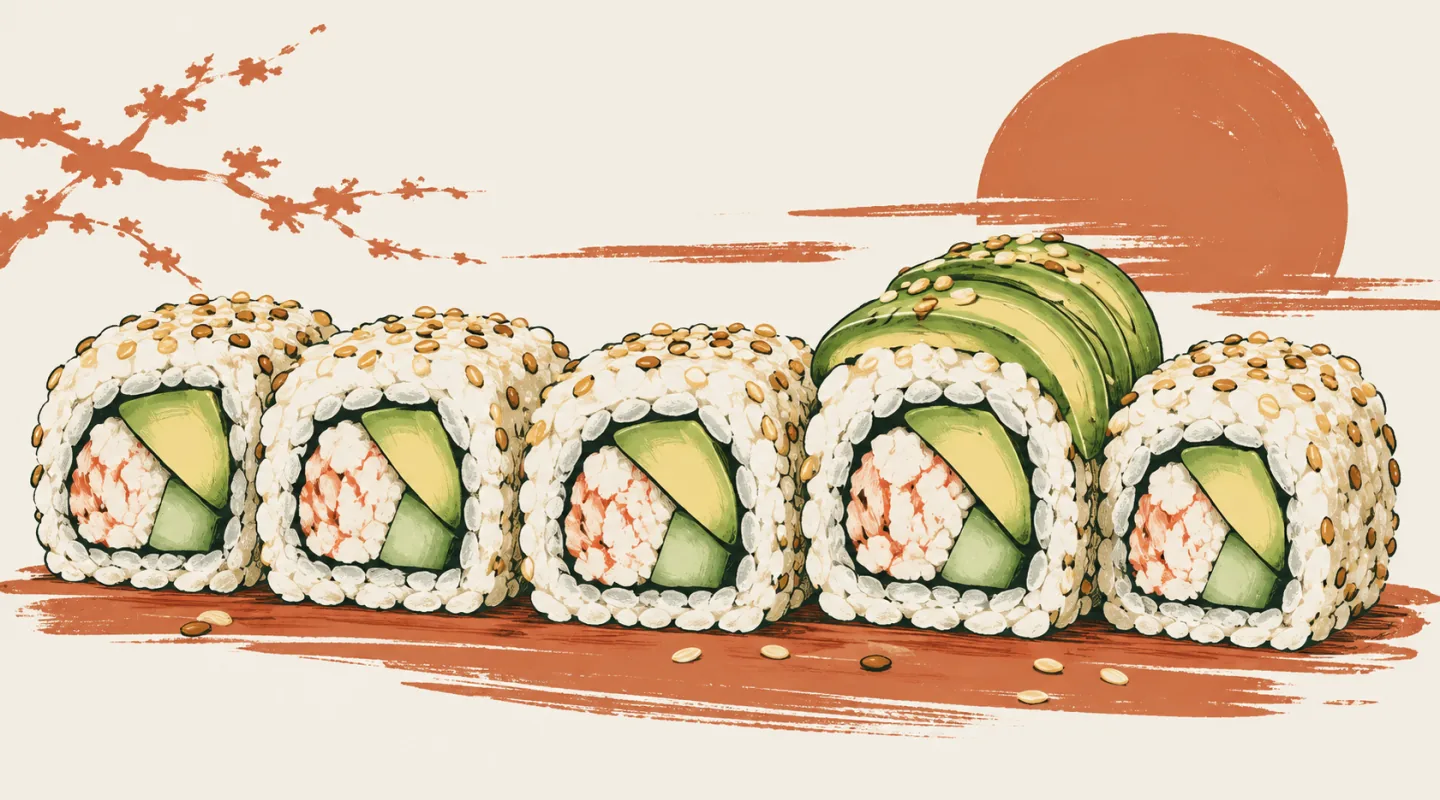 Illustration de tronçons de california roll enrobés de sésame, l’un recouvert de lamelles d’avocat