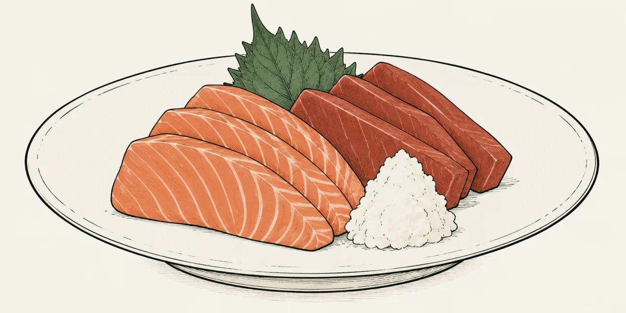 Illustration de tranches de poisson cru, orangées et rouges, dressées en sashimi sur une assiette