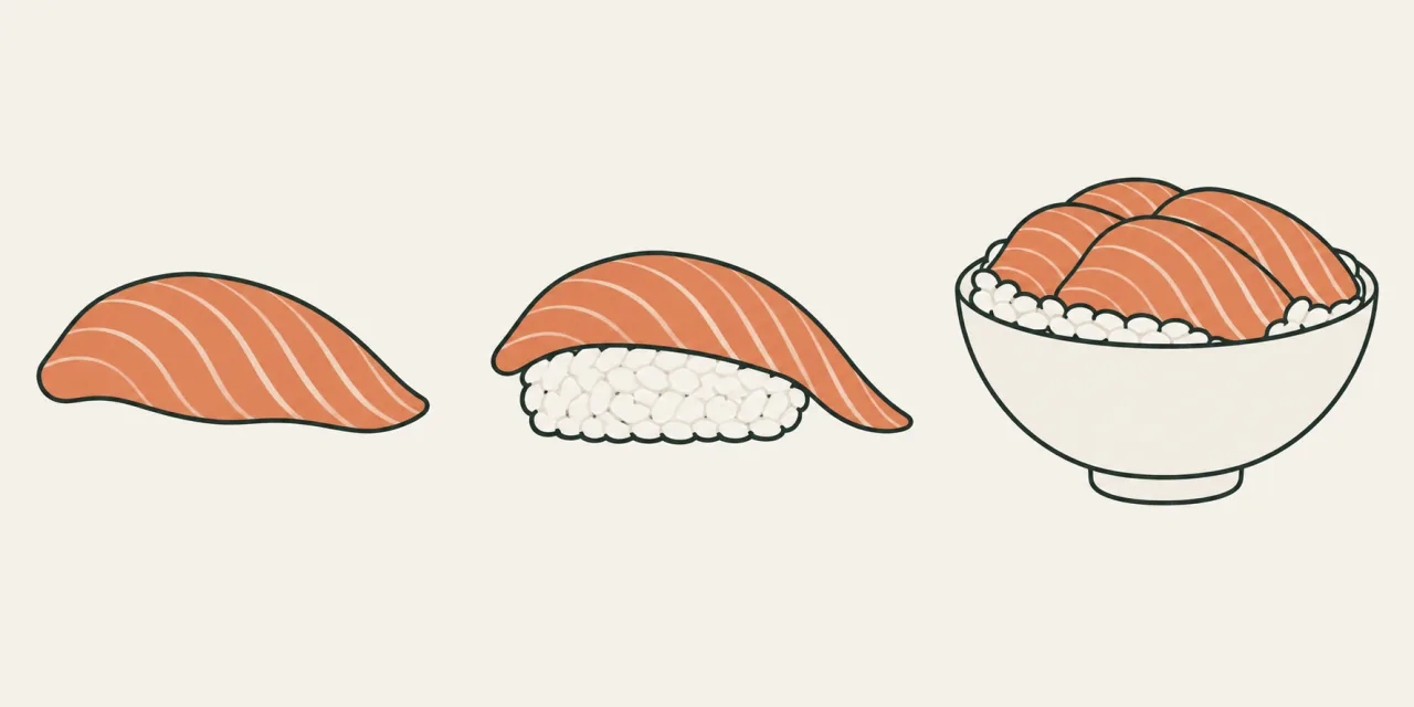 Illustration comparant une tranche de sashimi, un nigiri et un bol de chirashi