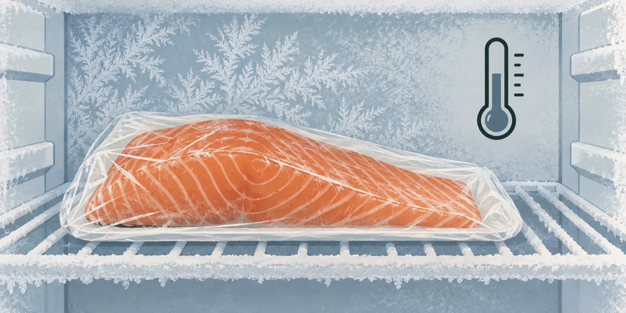Illustration d’un filet de poisson sous film, posé dans un congélateur givré