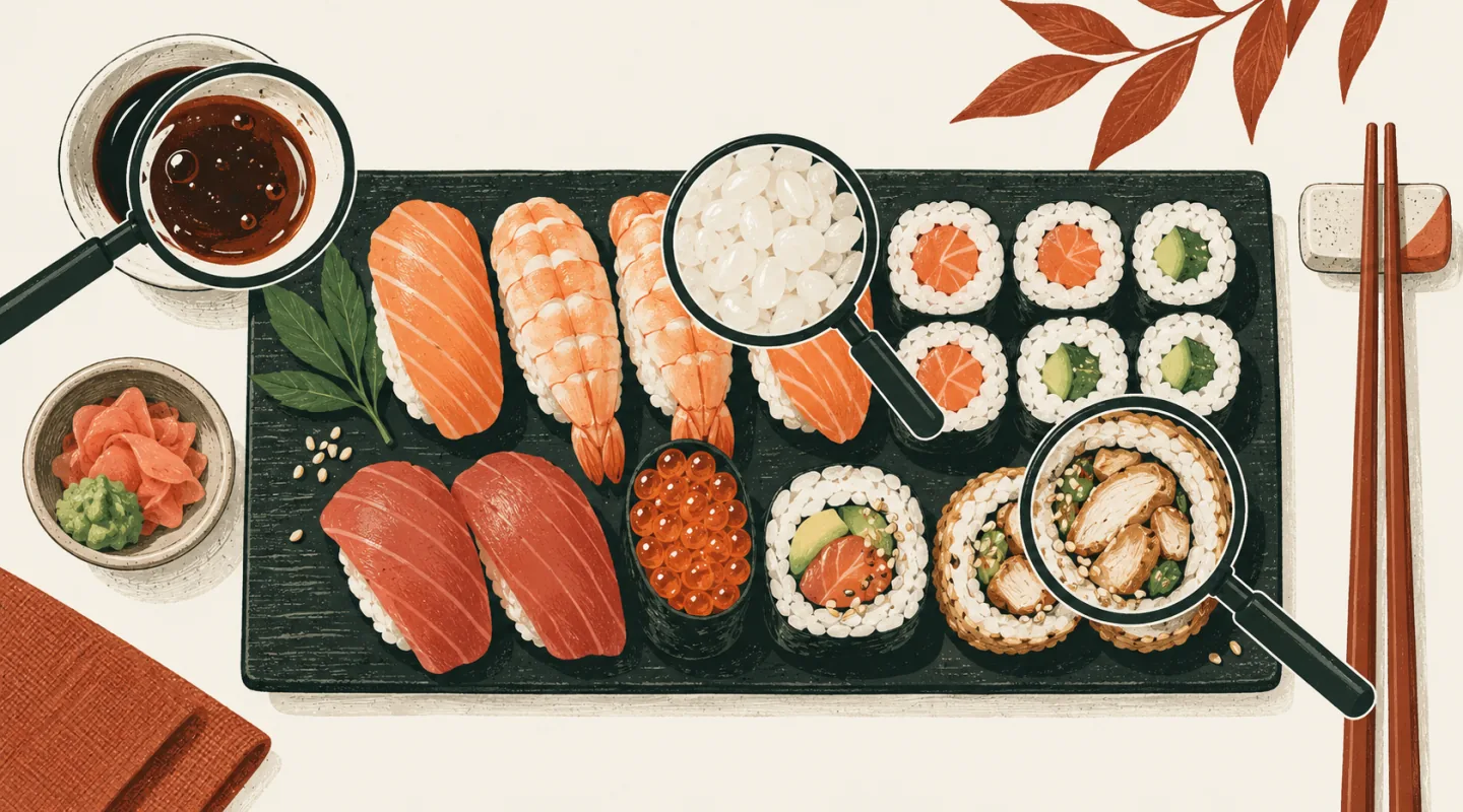 Illustration d’un plateau de sushis dont la sauce, le riz et la garniture d’un roll sont examinés à la loupe