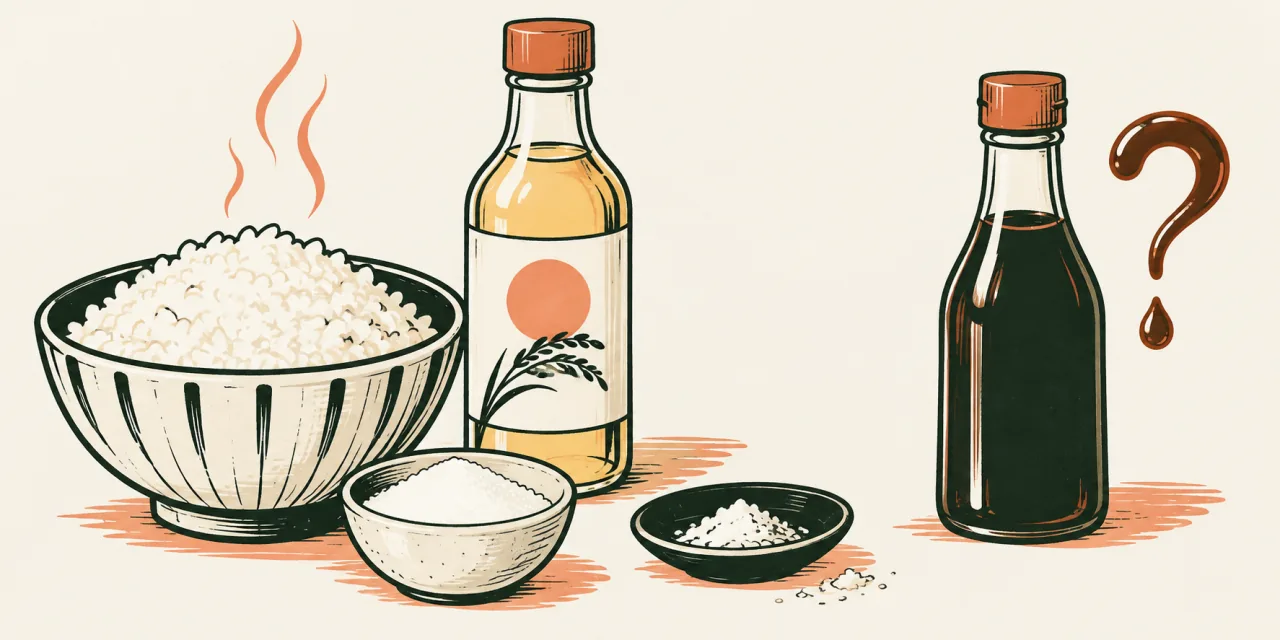 Illustration de l’assaisonnement du riz à sushi : bol de riz, bouteille de vinaigre, coupelles de sucre et de sel, et une bouteille sombre marquée d’un point d’interrogation