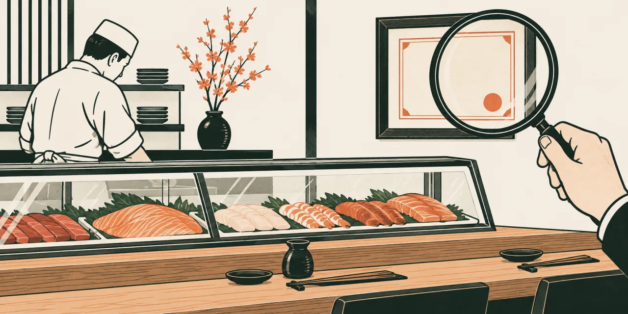 Illustration d’une vitrine de comptoir à sushis et d’un certificat encadré au mur, examiné à la loupe